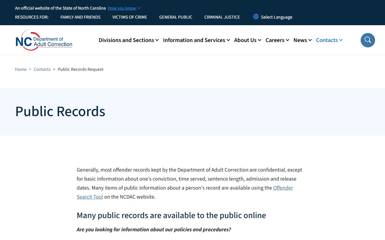 NCDAC public records page for state records not Vance County jail mugshots